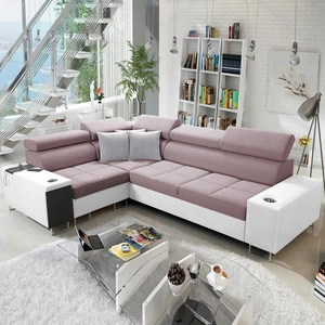 Ecksofa mit Schlaffunktion Dafni II lavendelrosa / weiß links geflochtenes Ecksofa mit Bettzeugschublade an der Seite