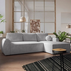 Ecksofa mit Schlaffunktion Colio grau Esche rechts stilvolles Ecksofa mit interessanter Form Zierkissen Ball