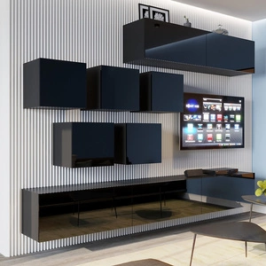 Spata Schrankwand schwarz/schwarz glänzend stilvolle grifflose Massivholz Schrankwand für Wohnzimmer oder Dielenraum modernistisch