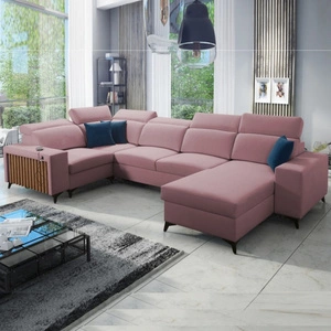 Ecksofa mit Schlaffunktion Kelly IV Indisch rosa rechts Samt bequemes Ecksofa verstellbare Kopfstützen seitlich mit Lamellen verziert