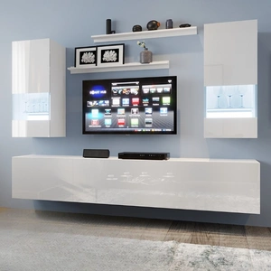 Pella weiß / weiß glänzend universelle Schrankwand für das Wohnzimmer mit einem hellen Design wird perfekt in jedes Interieur passen