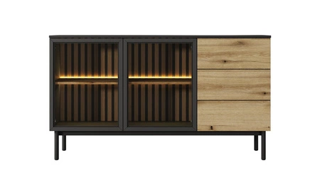 Kommode Clovis 150 cm schwarz / Eiche evoke einzigartiges Möbeldesign verglaste Fronten dekorative Leisten auf der Innenseite der Kommode