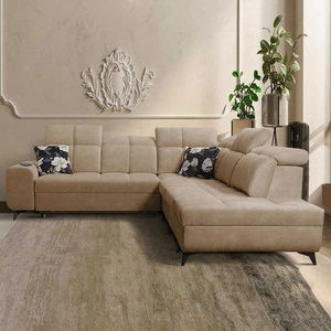 Ecksofa mit Schlaffunktion Buffalo IX dunkelbeige rechte Seite stilvolles Ecksofa für Zimmer aus Velourstoff Zierkissen