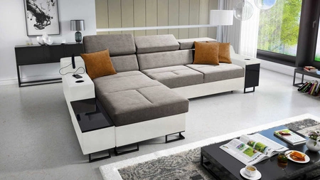 Ecksofa mit Schlaffunktion Alcamo grau-braun/weiß links elegantes Ecksofa mit einer ausziehbaren praktischen Schublade an der Seite des Möbels