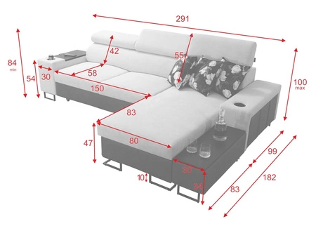 Ecksofa mit Schlaffunktion Flavio in graphit / graphitfarbenem Ökoleder rechts elegantes Ecksofa mit seitlich zu öffnender Verlängerungsstange