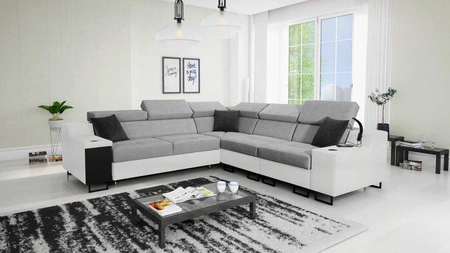 Ecksofa mit Schlaffunktion Alcamo III grau / weiß rechts Funktions-Ecksofa mit einer Schublade in der Seite zwei Behälter für Bettzeug