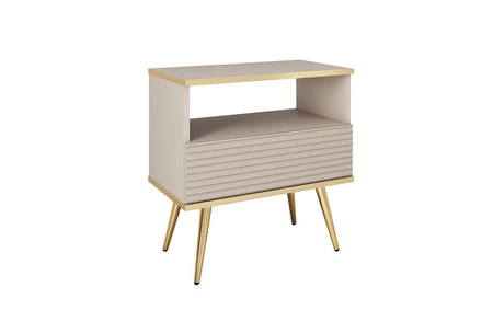 Nachttisch mit Schublade Luxury beige eleganter Designschrank mit goldener Zierleiste Schrank mit geriffelter Front goldene hohe Beine