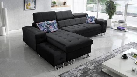 Ecksofa mit Schlaffunktion Hampton schwarz linke Seite stilvolle Steppung auf der Sitzfläche weicher Polsterstoff Ecksofa mit Verlängerung