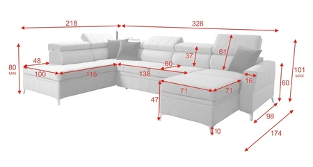 Ecksofa mit Schlaffunktion Rava VI graue Esche rechte Ecke Praktisches und modernes Ecksofa, ausgestattet mit einer Multifunktionslampe
