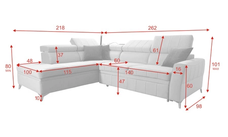 Ecksofa mit Schlaffunktion Rava III azurblaues Linksseiten-Samtecksofa mit verstellbaren Kopfstützen und Bettzeugcontainer