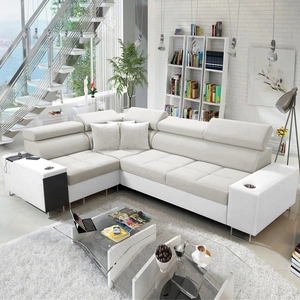 Ecksofa mit Schlaffunktion Dafni II elfenbein/weiß Linkshänder-Ecksofa aus Samt mit Bettzeugablage und Schublade in der Seite