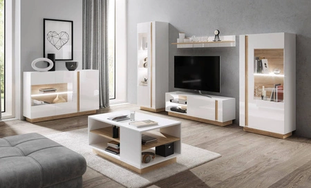 RTV Schrank Adria 138 cm glänzend weiß / Eiche grandson modernes Design und griffloses Türöffnungssystem