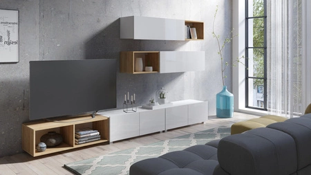 Möbel Apulia XXV weiß glänzend / goldene Eiche ein außergewöhnlich stilvolles Wandelement einfache Elemente, die in jedes Interieur passen