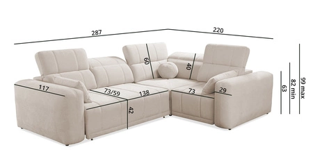 Ecksofa mit Schlaffunktion Cetara II blau rechte Seite stilvolles Design verschiebbare Rückenlehnen verstellbare Kopfstützen und Bettzeugbehälter