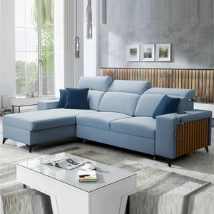 Ecksofa mit Schlaffunktion Kelly blau Linkshand Samt Komfort und Funktionalität Seite der Ecke mit Latten beendet