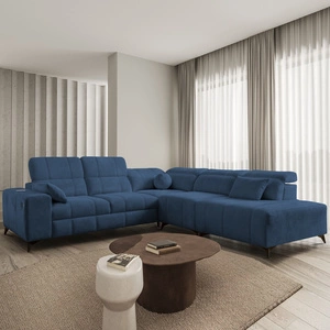 Ecksofa mit Schlaffunktion Penejos IX blau rechtsseitig stilvolles Ecksofa mit Bettzeugcontainern komfortable verstellbare Kopfstützen