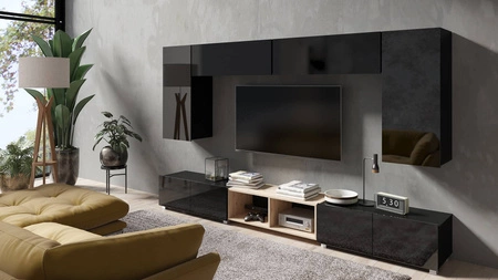 Möbelwand Apulia XXIII schwarz glänzend / Eiche handwerklich extrem stilvolle Möbelwand einfache Elemente, die in jedes Interieur passen