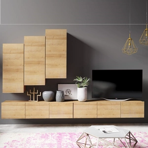 Apulia XX Schrankwand Eiche gold Eine besonders stilvolle Schrankwand mit schlichten Möbelstücken, die sich in jede Einrichtung einfügt