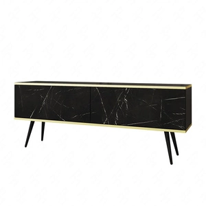 TV-Schrank Luxury 135 cm schwarzer Marmor eleganter Designkorpus mit goldener Zierleiste Schrank auf schwarzen Metallbeinen