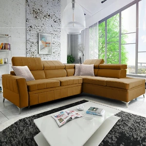 Ecksofa mit Schlaffunktion Rava III honigfarben rechts samtig komfortables Ecksofa mit verstellbaren Kopfstützen und Bettzeugbehälter