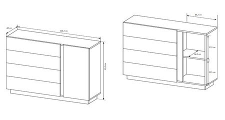 Kommode mit Schubladen Adria 138 cm glänzend weiß / Eiche Enkel moderne Möbel Design Kommode Kante mit speziellen ABS-Furnier fertig