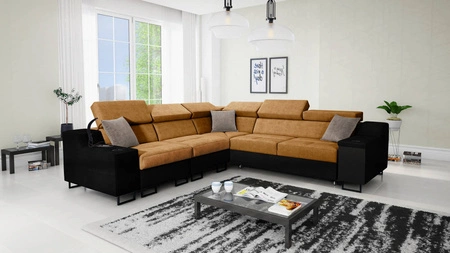 Ecksofa mit Schlaffunktion Alcamo III honig/schwarz links Funktions-Ecksofa mit einer Schublade in der Seite zwei Behälter für Bettzeug