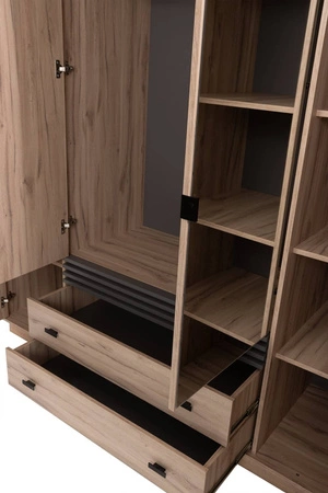 Kleiderschrank mit Spiegel Estan 200 cm Eiche hell/anthrazit modernes Möbeldesign Schranktür mit Lamellen verziert