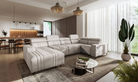 Ecksofa mit Schlaffunktion Castel IV beige linke Seite stilvolles Ecksofa mit Bettzeugcontainern und verstellbaren Kopfstützen