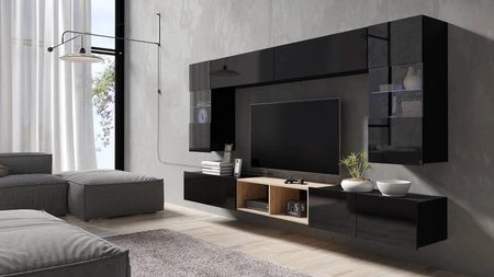 Möbelwand Apulia XXIV schwarz glänzend / Eiche handwerklich extrem stilvolle Möbelwand einfache Elemente, die in jedes Interieur passen