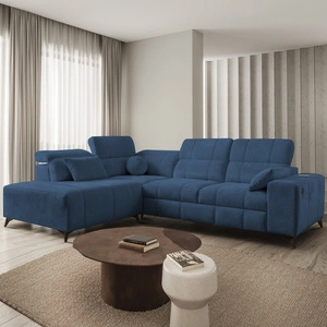 Ecksofa mit Schlaffunktion Penejos VII blau links stilvolles Ecksofa mit Bettzeugablage komfortable verstellbare Kopfstützen