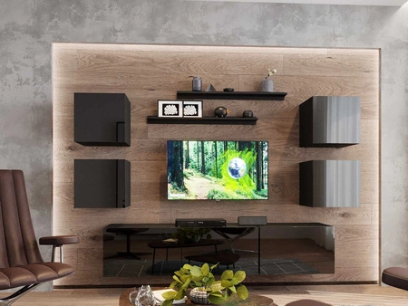 Aklion schwarz/schwarz glänzende Schrankwand äußerst stilvolle Schrankwand für das Wohnzimmer optisch attraktiv und funktionell