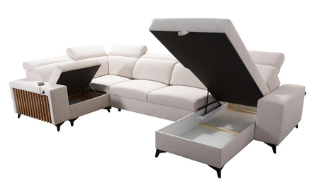 Kelly IV Ecksofa mit Schlaffunktion graue Esche rechts geflochten bequemes Ecksofa verstellbare Kopfstützen seitlich mit Lattenverkleidung