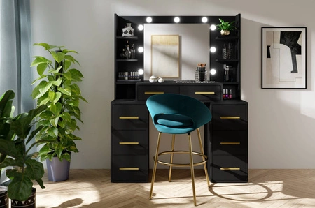 Schminktisch Adel 110 cm schwarz mit LED-Beleuchtung Schminktisch mit Spiegel im Glamour-Stil geräumige Schubladen Metallgriffe