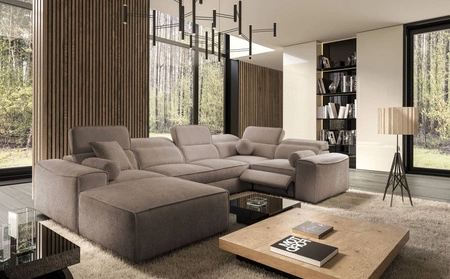 Ecksofa mit Schlaffunktion Viano IV Lux hellbraun links Design-Ecksofa mit ausziehbarem Fußteil großer Bettzeugbehälter