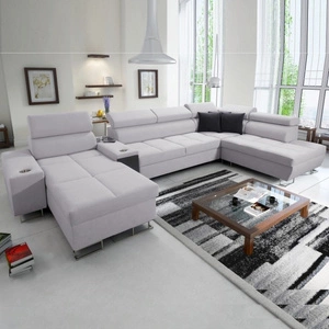 Ecksofa mit Schlaffunktion Dafni V grau Esche links geflochten bequemes und praktisches Ecksofa mit verstellbaren Kopfstützen