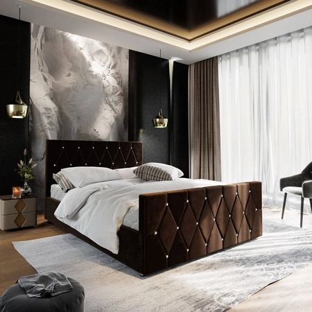 Tifton 160x200 braun gepolstertes Bett mit Staukasten im modernen Stil mit markantem Kopf- und Fußteil mit Kristallen verziert