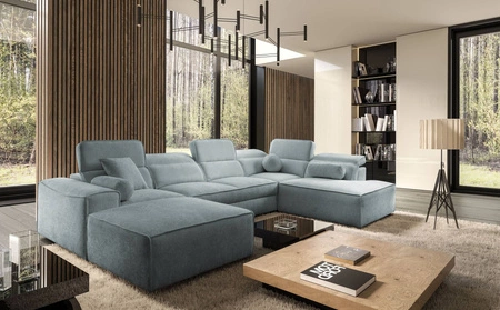 Ecksofa mit Schlaffunktion Viano VI grau blau links Design-Ecksofa für moderne Einrichtungen zwei Container für Bettzeug