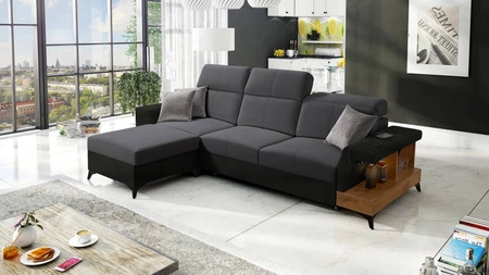Ecksofa mit Schlaffunktion Bresso graphit / schwarz linkes Ecksofa mit praktischer Ablage in Eiche lancelot verstellbare Kopfstützen