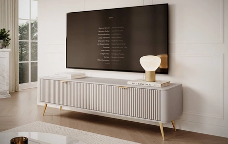 RTV-Schrank Lante 163 cm beige Designer-TV-Schrank im trendigen Stil abgerundete Kanten der massiven geschmackvollen geriffelten Front