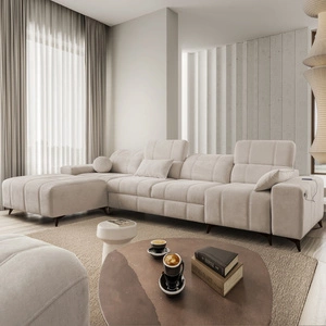 Ecksofa mit Schlaffunktion Penejos XII beige linke Seite stilvolles Ecksofa mit Bettzeugcontainern komfortable verstellbare Kopfstützen