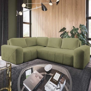Ecksofa mit Schlaffunktion Bovec II grüne Olive links komfortables Ecksofa mit stilvollem Charakter Bettzeug Container