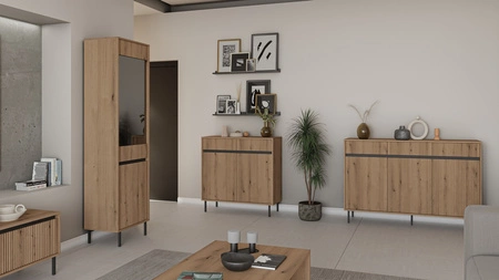 Schubladenkommode Osaka 149 cm Eiche evoke / schwarz minimalistisches Design perfekt für Wohn- und Schlafzimmer geschmackvolle geriffelte Front