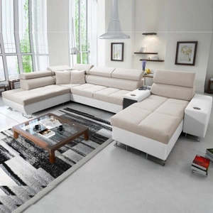 Ecksofa mit Schlaffunktion Dafni V hellbeige / weiß rechts Samt bequem und komfortabel Ecksofa mit verstellbaren Kopfstützen