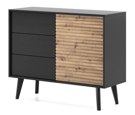 Möbelset Saipan Schwarz / Eiche Artisan Modernes Design funktionale Wohnzimmerwand für das Wohnzimmer oder den Tagesraum dekorative geriffelte Verzierung