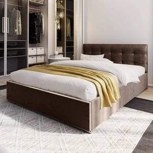 Montigo Polsterbett 160x200 hellbraun mit Staukasten im modernen skandinavischen Stil mit gestepptem Kopfteil