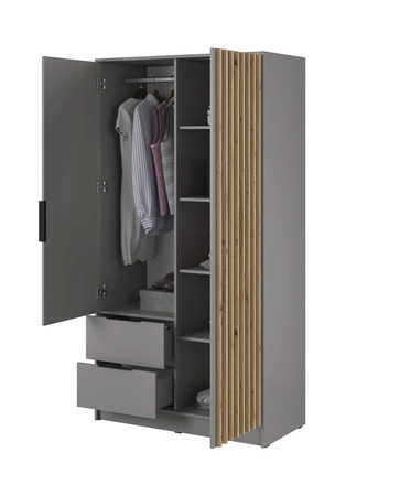 Kleiderschrank Aspen 105 cm Grau / Eiche Artisan Lamellen modernes Design Schranktüren mit dekorativen Lamellen