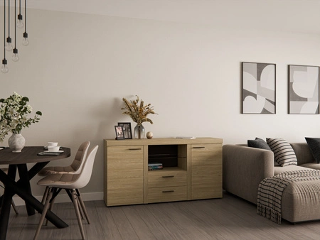 Kommode mit Schubladen Rene 156 cm Eiche geölt elegant und vielseitig Kommode Stil für Wohnzimmer geschmackvolle schwarze Griffe