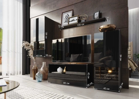 Die universelle und stilvolle Wohnwand Olimpia schwarz/schwarz glänzend - schlichte Teile, die sich in jedes Interieur einfügen