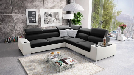 Ecksofa mit Schlaffunktion Provo III schwarz / weiß rechtes Ecksofa mit Bettzeugablage und verstellbaren Kopfstützen