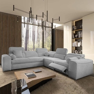 Ecksofa mit Schlaffunktion Viano III Lux hellgrau rechts modernes Ecksofa für Wohnzimmer mit ausziehbaren Fußstützen Stauraum für Bettzeug